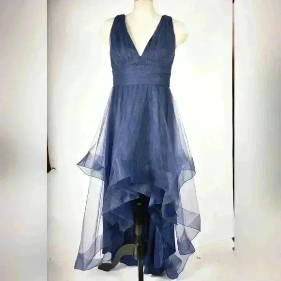 CHI CHI LONDON Navy Asymmetrical Poly Tule Mesh Brides  Plunge Dress 8US Medium - Picture 2 of 9